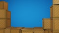Frame of Boxes with Blue Background, Wooden Box. Slide Presentation. Warehouse. Box Stack. Original Assets 3D Render.