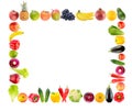 Frame from bright and multi-colored vegetables and fruits isolated on white Royalty Free Stock Photo