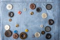 Frame of the buttons on the blue cloth Royalty Free Stock Photo