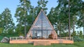 Frame cabin exterior in the forest.