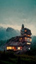 A-frame Cabin home on top of a mountain with rocky peaks. Aerial Nature landscape background with futuristic house. Royalty Free Stock Photo