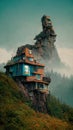 A-frame Cabin home on top of a mountain with rocky peaks. Aerial Nature landscape background with futuristic house. Royalty Free Stock Photo