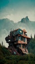 A-frame Cabin home on top of a mountain with rocky peaks. Aerial Nature landscape background with futuristic house. Royalty Free Stock Photo