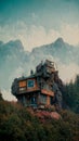 A-frame Cabin home on top of a mountain with rocky peaks. Aerial Nature landscape background with futuristic house. Royalty Free Stock Photo