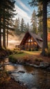 A-frame cabin nestled among tall trees beside a rocky stream. Warm light glows from the windows and small string lights twinkle Royalty Free Stock Photo