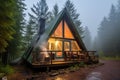 a-frame cabin with smoke coming from chimney