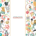 Frame, card template with hand drawn circus actors, animals and elements of circus or amusement park