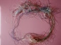 Frame. Chaotically tangled threads. Embroidery threads randomly woven. Knot. Extreme macro. Beautiful story for intro. Title