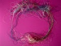Frame. Chaotically tangled threads. Embroidery threads randomly woven. Knot. Extreme macro. Beautiful story for intro. Title