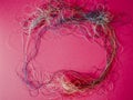 Frame. Chaotically tangled threads. Embroidery threads randomly woven. Knot. Extreme macro. Beautiful story for intro. Title