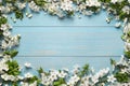 Frame of cherry tree branches with beautiful blossoms on light blue wooden table, flat lay. Space for text Royalty Free Stock Photo