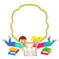 Frame with children, boy and girl reading a book Royalty Free Stock Photo