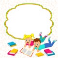 Frame with children, boy and girl reading a book Royalty Free Stock Photo