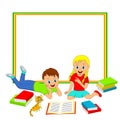 Frame with children, boy and girl reading a book Royalty Free Stock Photo
