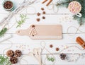 Frame christmas composition of cocoa with marshmallow, cinnamon, anise stars, coffee seeds, fir tree, spoons and ingredients Royalty Free Stock Photo