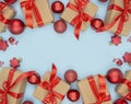 Frame from Christmas gifts on a blue background. Paper gift boxes with red bows and Christmas decorations. Copy of the space Royalty Free Stock Photo