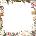 Frame with Christmas holiday elements: gingerbread cookies, cake with glaze, candy canes, cinnamon, anise, cotton, holly