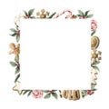 Frame with Christmas holiday elements: gingerbread cookies, cake with glaze, candy canes, cinnamon, anise, cotton, holly