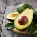 Frame Closeup of fresh avocado displayed on a rustic wooden table