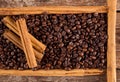 Frame with coffee beans and celyon cinnamon Royalty Free Stock Photo