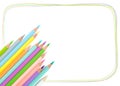 A frame of colored pencils and color lines on a white background.