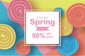 Frame with colorful flowers roll circle for spring season sales banners.Creative paper cut and craft style for scene place your Royalty Free Stock Photo