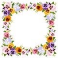 Frame with colorful pansy flowers. Vector illustration.