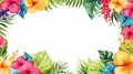 frame of colorful tropical hibiscus flowers, monstera and palm leaves Royalty Free Stock Photo