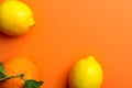 Frame composition from fresh raw citrus fruits lemons orange on stem with green leaves. Healthy lifestyle vitamins detox