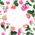 Frame composition with pink roses flowers, buds and green leaves on white background. Flat lay, top view Royalty Free Stock Photo