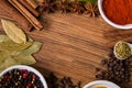 Frame composition of spices on wood Royalty Free Stock Photo