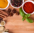 Frame composition of spices on wood Royalty Free Stock Photo