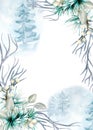 Frame of coniferous plants watercolor illustration isolated on white.