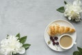 Frame custard cakes cherry flowers peony notepad tea Cup. Copy space Flatlay Royalty Free Stock Photo