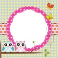 Frame of cute owls on tree branch.