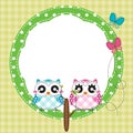 Frame of cute owls on tree branch