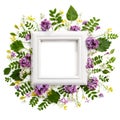 The frame, decorated with a variety of meadow plants and flowers