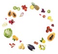 Frame of different fresh fruits and vegetables on white background, top view Royalty Free Stock Photo