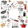 Frame of different kitchenware on white background, space for text
