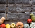 Frame of different pumpkins and squashes over wood, copy space Royalty Free Stock Photo