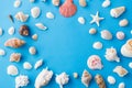 Frame of different sea shells on blue background Royalty Free Stock Photo