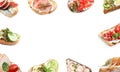 Frame of different tasty bruschettas on background