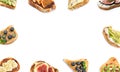 Frame of different tasty bruschettas on background