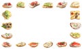 Frame of different tasty bruschettas on background