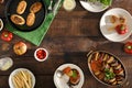 Frame of Different vegetarian food. Ratatouille, chickpeas cutlets, lemonade, snacks