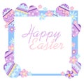 Frame with Easter eggs, blue, beige, purple, lavender, yellow colors. Greeting card backdrop, texture for spring design