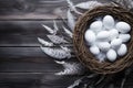 Frame with easter eggs in the nest on dark wooden background. Happy Easter concept Royalty Free Stock Photo