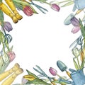Frame, wreath with garden tools and tulips. watercolor illustration Royalty Free Stock Photo