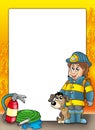 Frame with firefighter and dog Royalty Free Stock Photo