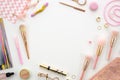 Flat lay frame mockup composition with cosmetics, makeup tools, on white background pink colors. beauty, fashion, party Royalty Free Stock Photo
